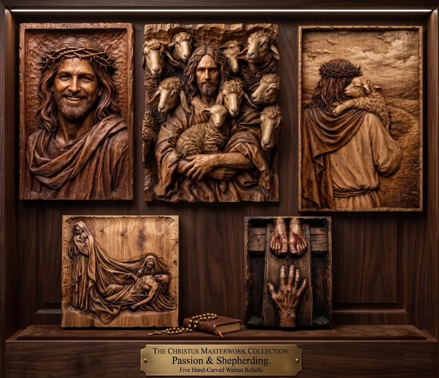 Christian walnut bas-relief collection display featuring Christ portraits, shepherd scenes, and Passion carvings