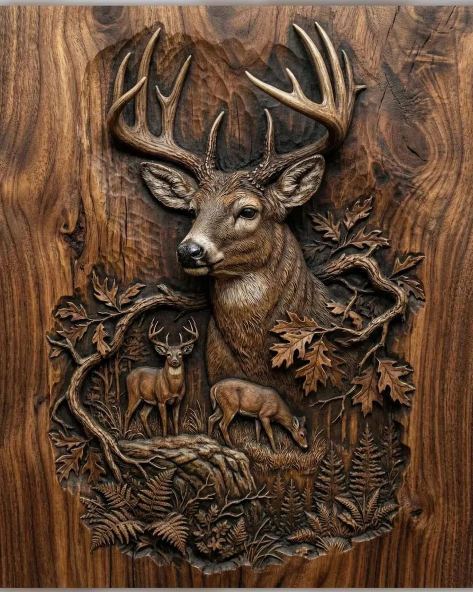 Detailed whitetail stag bas-relief wood carving with oak leaves and two deer below