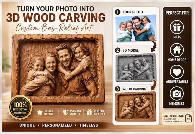 Custom photo to 3D wood carving bas-relief portrait process from family photo to carved relief