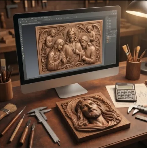 Digital bas-relief design workspace on a computer screen with carved religious relief and workshop tools