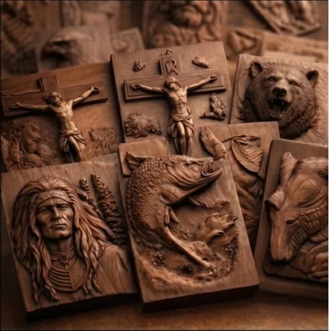 Assorted handcrafted bas-relief STL designs including Christian, wildlife, Native American, fish, and horse carvings