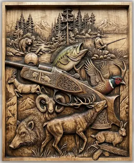 Wildlife and hunting bas-relief wood carving with deer, bear, fish, pheasant, and engraved rifle