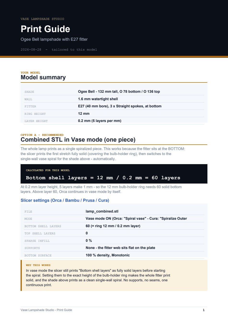 Sample per-design PDF print guide with computed vase mode slicer settings for a 3D printed lampshade with E27 fitter