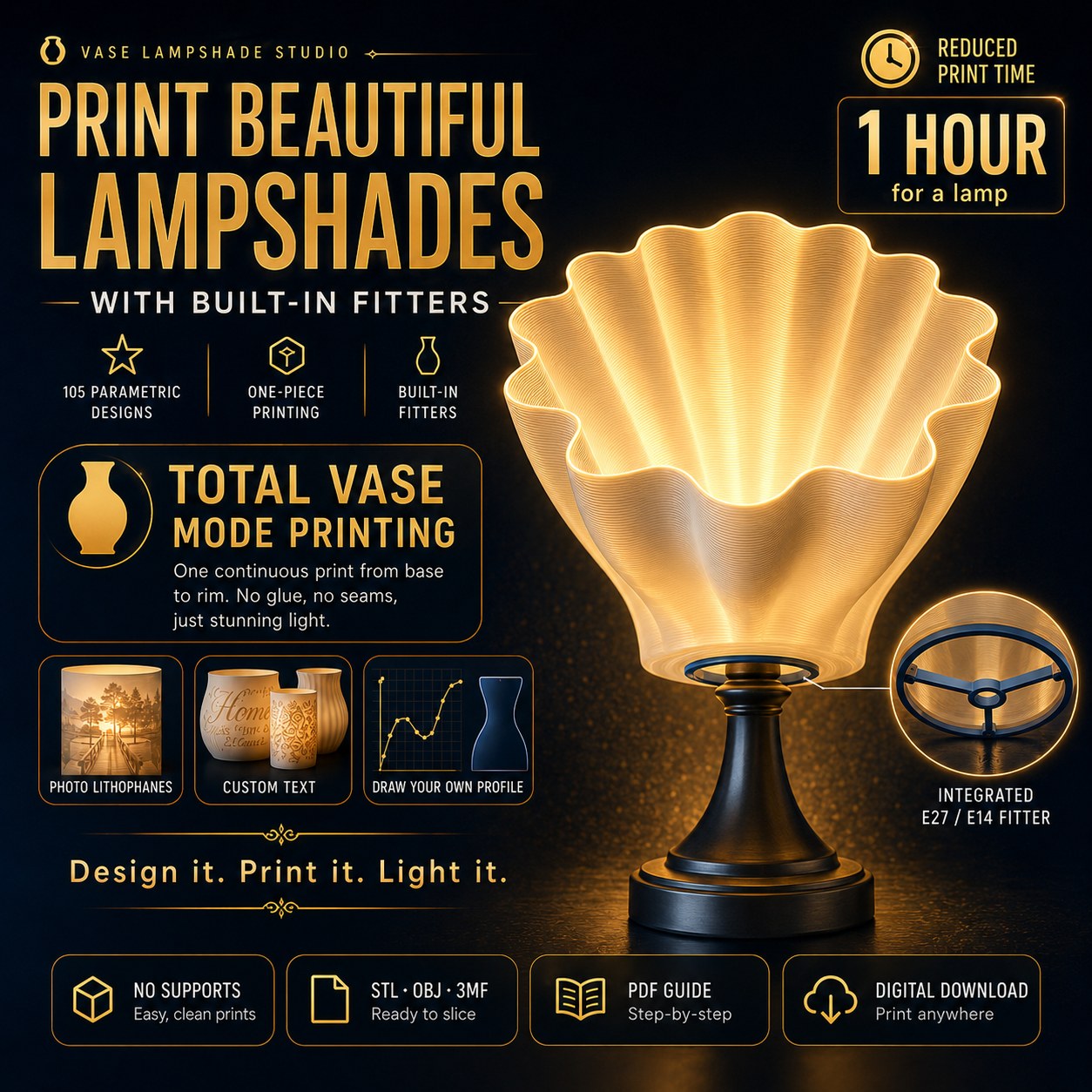 3D printable lampshade designed in Vase Lampshade Studio — glowing vase-mode table lamp with built-in E27 fitter, printed in one piece with no supports