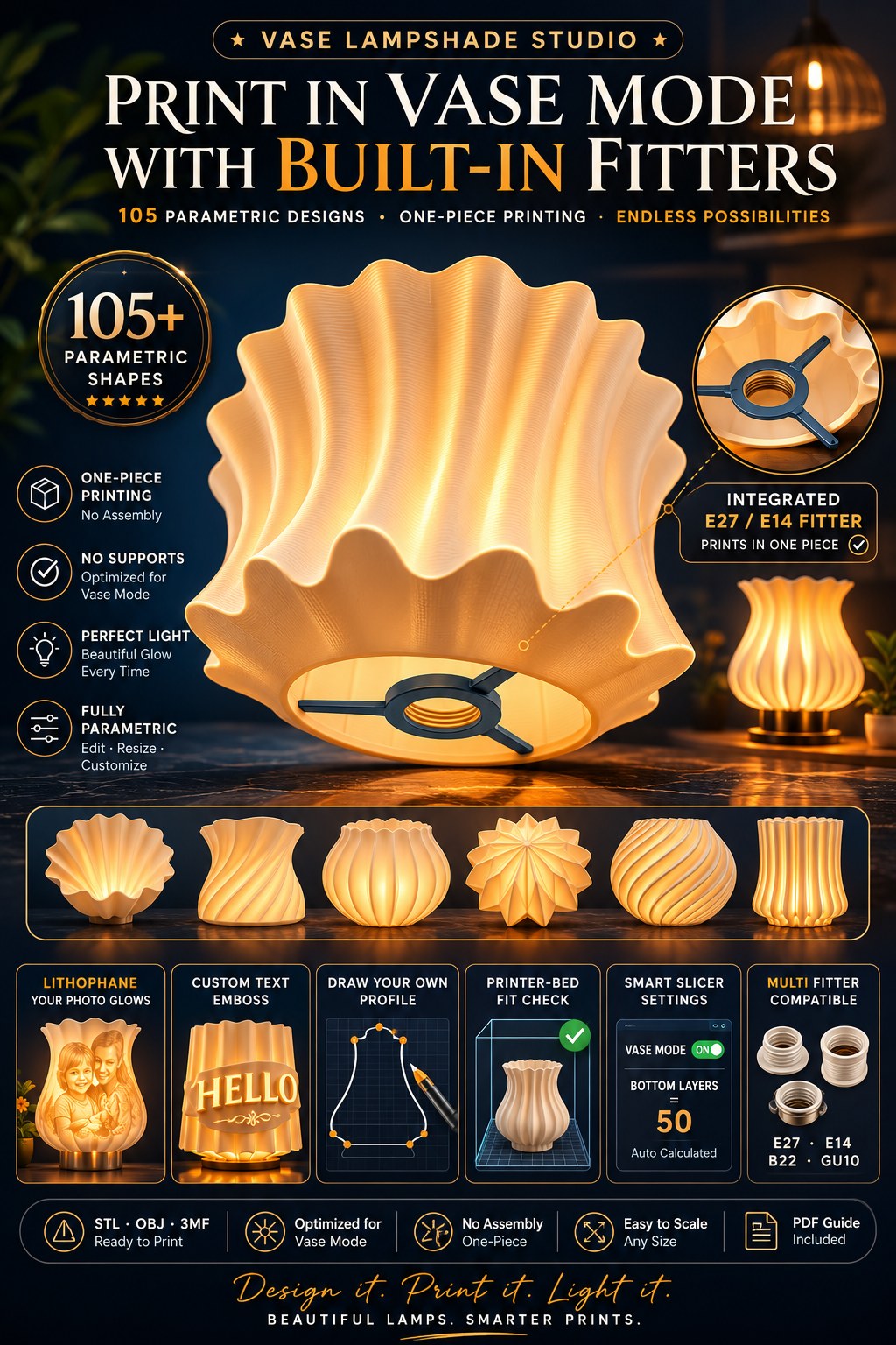 Vase Lampshade Studio feature overview — 105 parametric 3D printing lamp shade shapes, lithophane maker, custom text emboss, profile editor, printer bed fit check and auto-calculated vase mode slicer settings