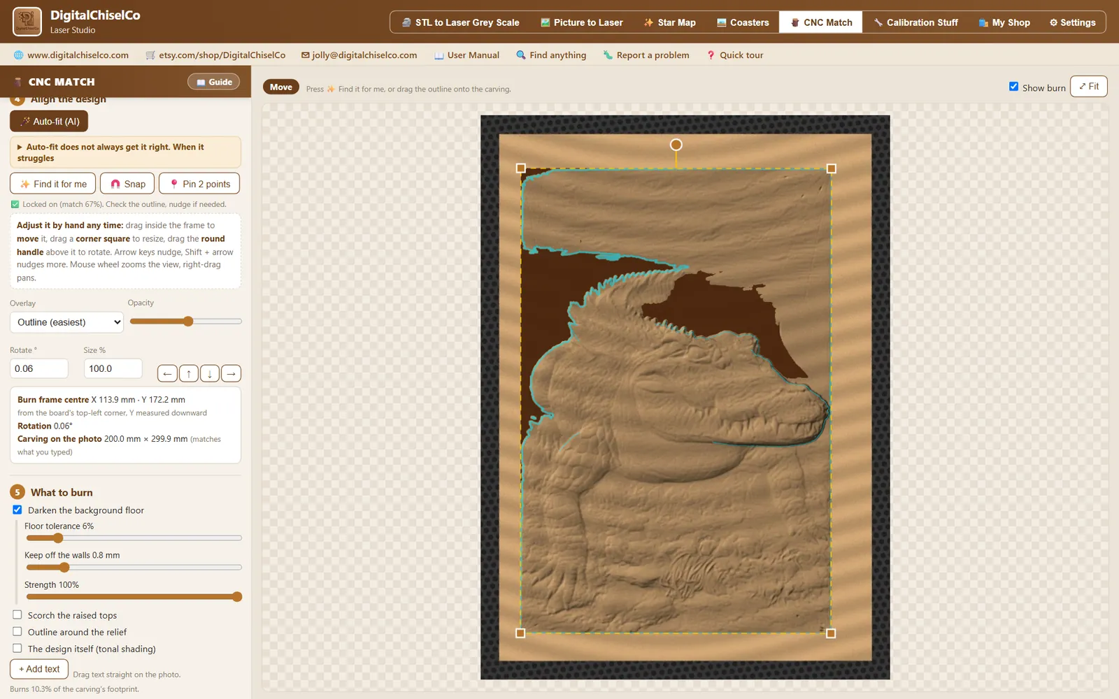 Laser Studio 2.8 on the CNC Match tab: Auto-fit has locked a design onto a carved alligator relief photographed on the laser bed