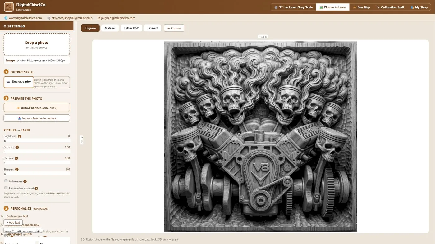 The Laser Studio workspace — a photo converted to a laser-ready 3D relief on the artboard