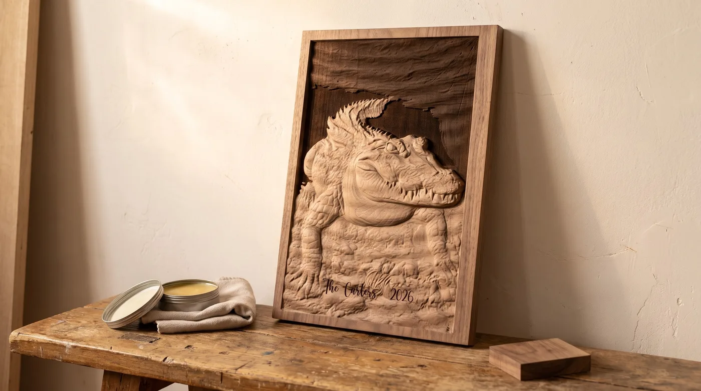 A carved walnut alligator relief with the background burned dark and the family name burned beneath it