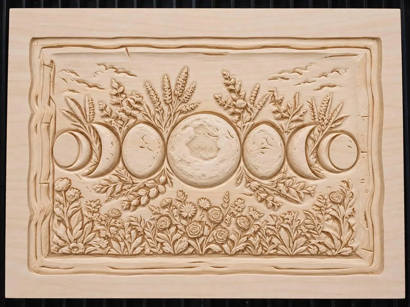 A CNC carved wooden panel sitting on a laser bed, ready to be aligned