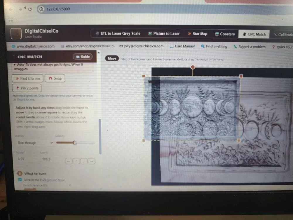 The design overlaid on the photograph of the carving, being lined up on screen