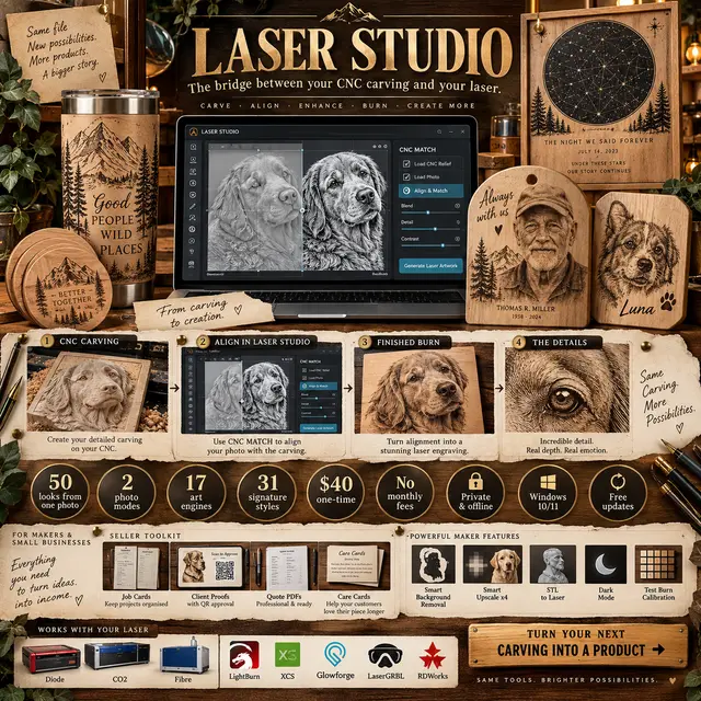 From a CNC carving to a finished laser product, plus the seller toolkit: job cards, client proofs with QR approval, quote PDFs and care cards