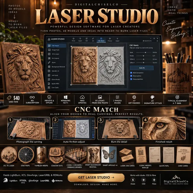 Laser Studio overview: CNC Match lines a design up on a carved lion, then the laser burns the detail; 50 looks, star maps, tumbler wraps, coasters, game boards, job cards and quotes