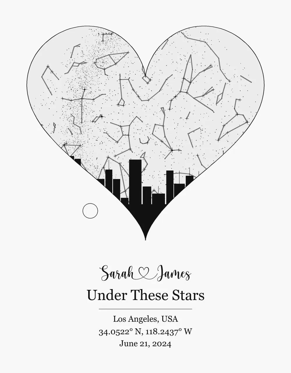 A heart-shaped star map of the real night sky with names in script