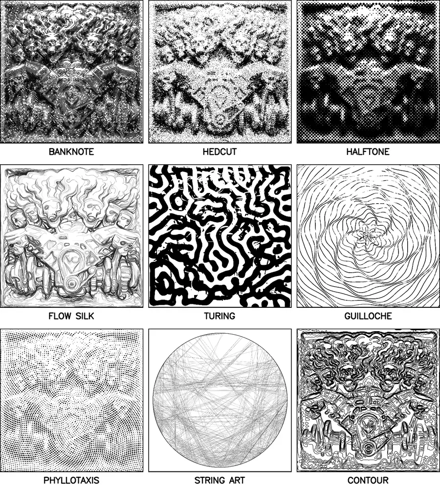 Nine Laser Studio styles made from one relief: banknote, hedcut, halftone, flow silk, Turing, guilloché, phyllotaxis, string art and contour