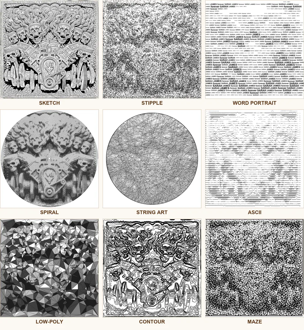 Nine laser art styles generated from one photo: sketch, stipple, word portrait, spiral, string art, ASCII, low-poly, contour and maze